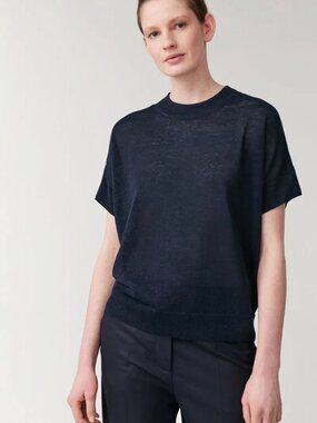 COS Shaped Semi-Sheer Linen-Silk Short Sleeve Knit Sweater Top, Black, size S